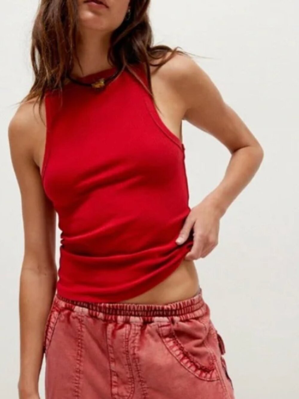 We The Free Red Ribbed Tank Top